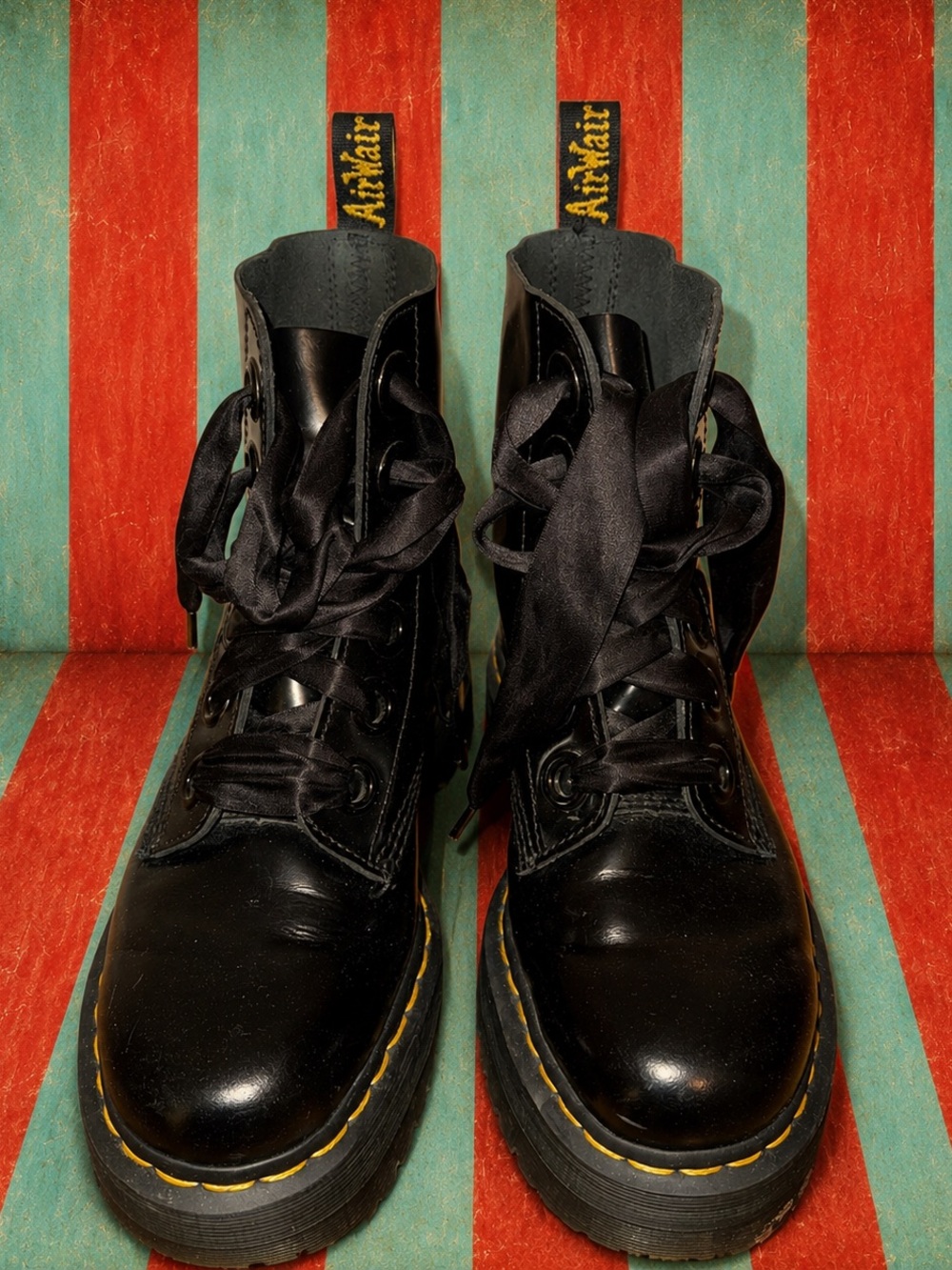 Dr. Martens Black Leather Lace-Up Boots with Yellow Stitching